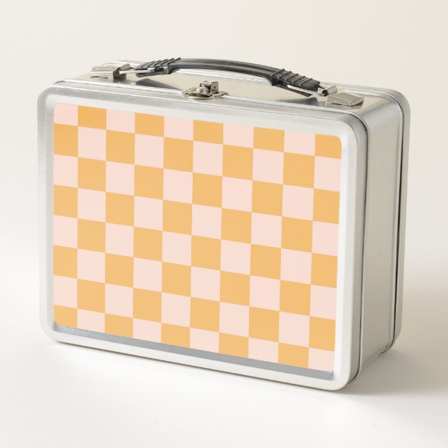Orange and Unbleached Silk Chequerboard Metal Lunch Box (Front)