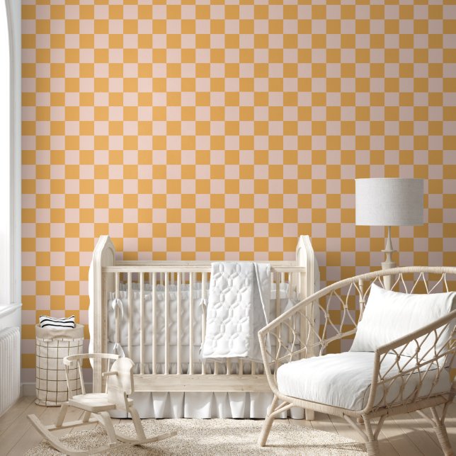 Orange and Unbleached Silk Chequerboard Wallpaper (Kids)
