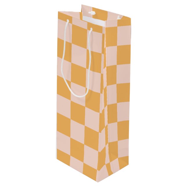 Orange and Unbleached Silk Chequerboard Wine Gift Bag (Front Angled)