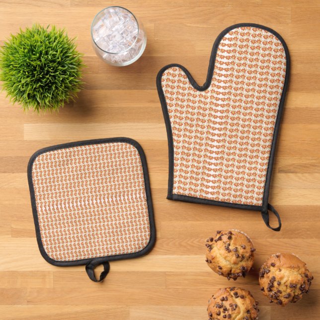 Orange and White Background with a Stylish Pattern Oven Mitt & Pot Holder Set (Top Down)