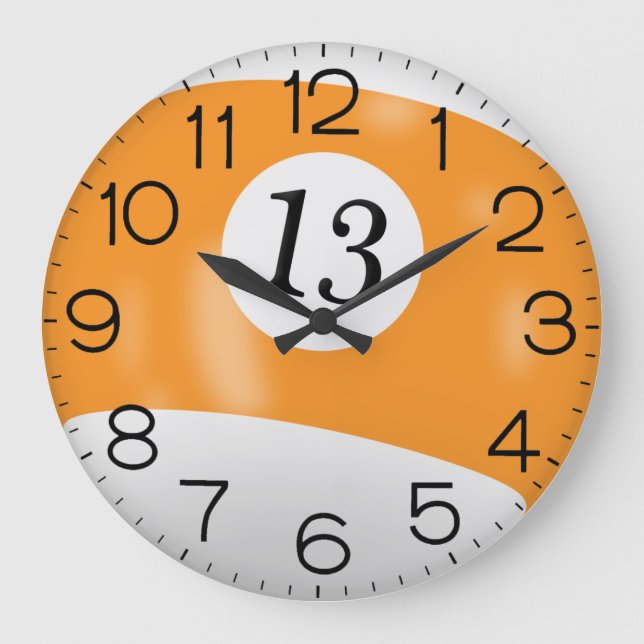 Orange and White Billiard #13 Ball     Large Clock (Front)