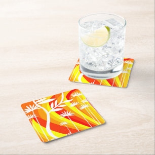 Orange and White Botanical Illustration  Square Paper Coaster