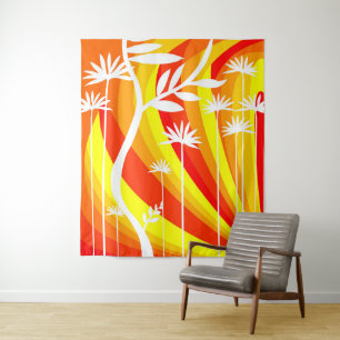 Orange and White Botanical Illustration Tapestry