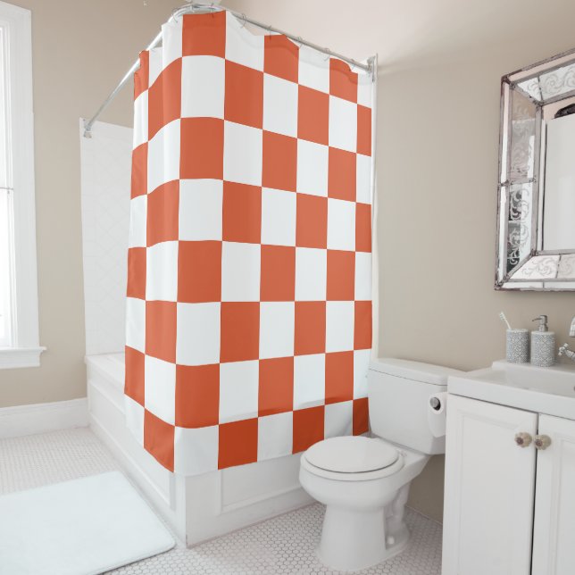 Orange and White Chequerboard Pattern Shower Curtain (In Situ)