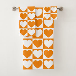 Orange and White Chequered Pattern With Hearts Bath Towel Set