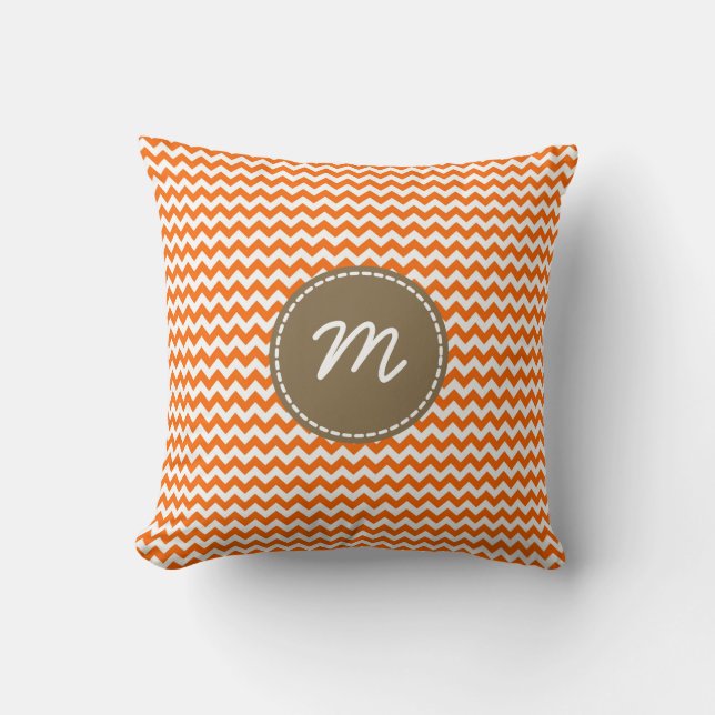 Orange and White Chevron Pattern Custom Monogram Cushion (Front)