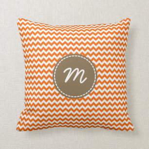 Orange and White Chevron Pattern Custom Monogram Cushion