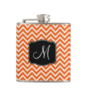 Orange and White Chevron Pattern with Monogram Hip Flask