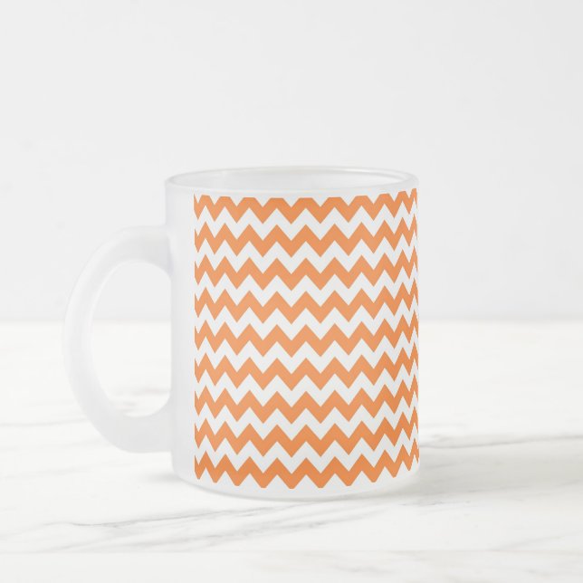 Orange and White Chevron Zigzag Pattern Frosted Glass Coffee Mug (Left)