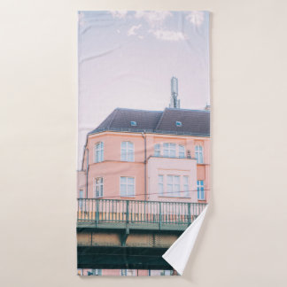 ORANGE AND WHITE CONCRETE BUILDING BATH TOWEL