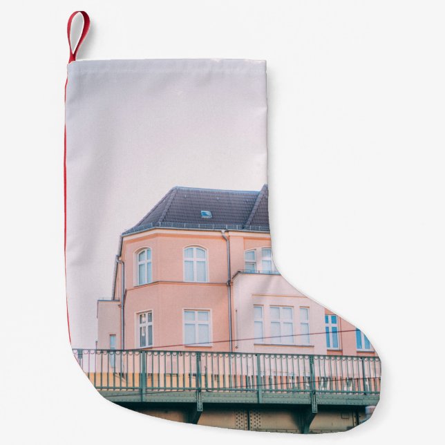ORANGE AND WHITE CONCRETE BUILDING SMALL CHRISTMAS STOCKING (Front)