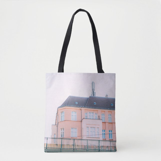 ORANGE AND WHITE CONCRETE BUILDING TOTE BAG (Front)