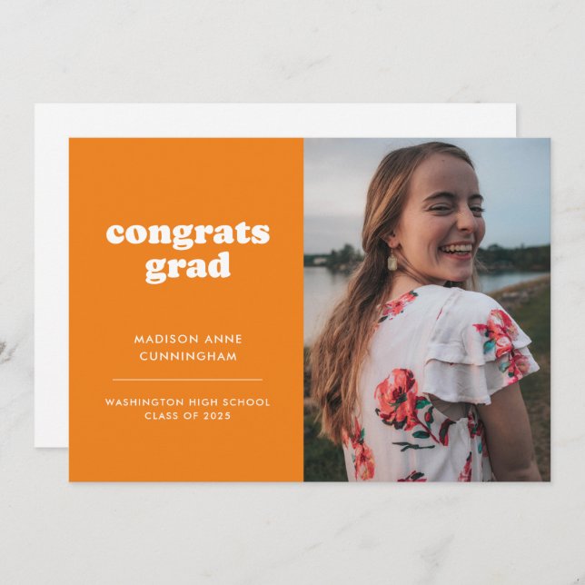Orange and White Congrats Grad Photo Graduation Announcement (Front/Back)