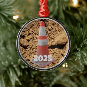 Orange and White Construction Cone, Dirt,  Metal Tree Decoration