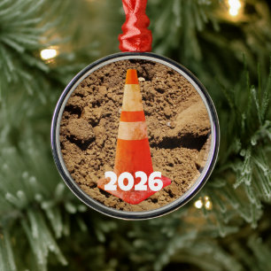Orange and White Construction Cone, Dirt, Metal Tree Decoration