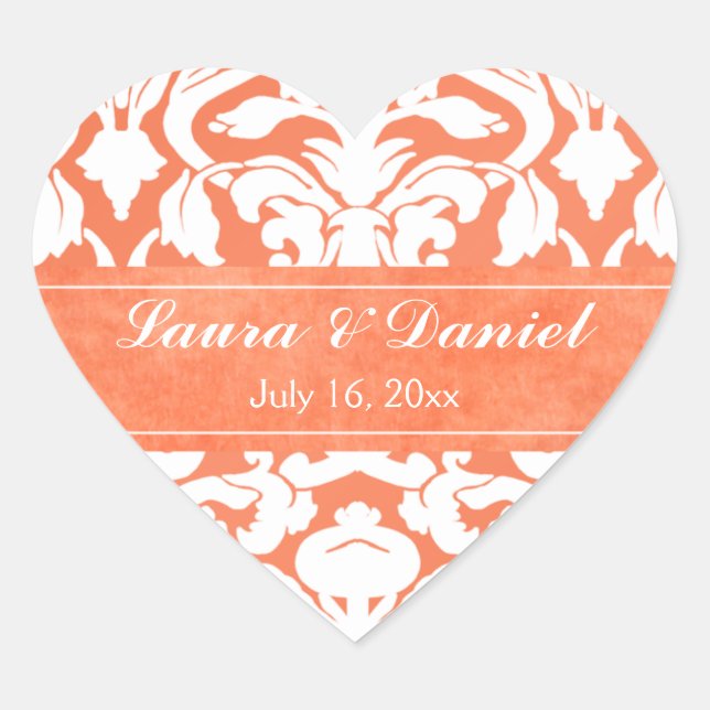 Orange and White Damask 1.5" Wedding Sticker (Front)