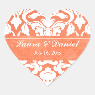 Orange and White Damask 1.5" Wedding Sticker