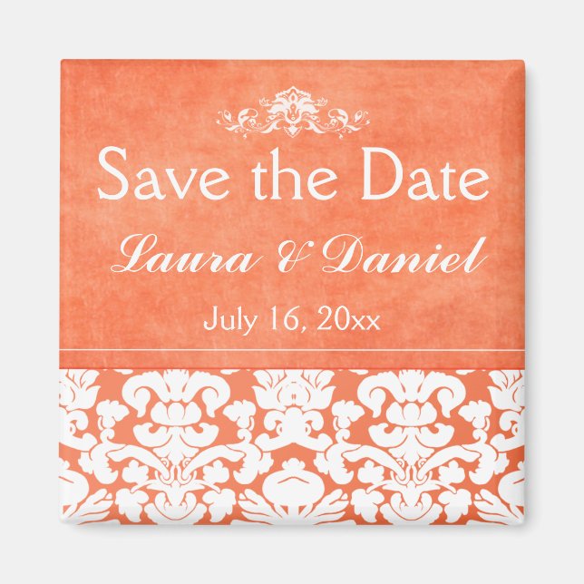 Orange and White Damask Save the Date Magnet (Front)