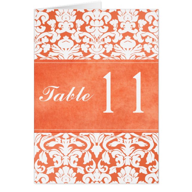 Orange and White Damask Table Number Card (Front)