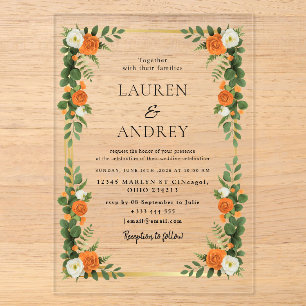 Orange and White Floral Acrylic Wedding Invitation