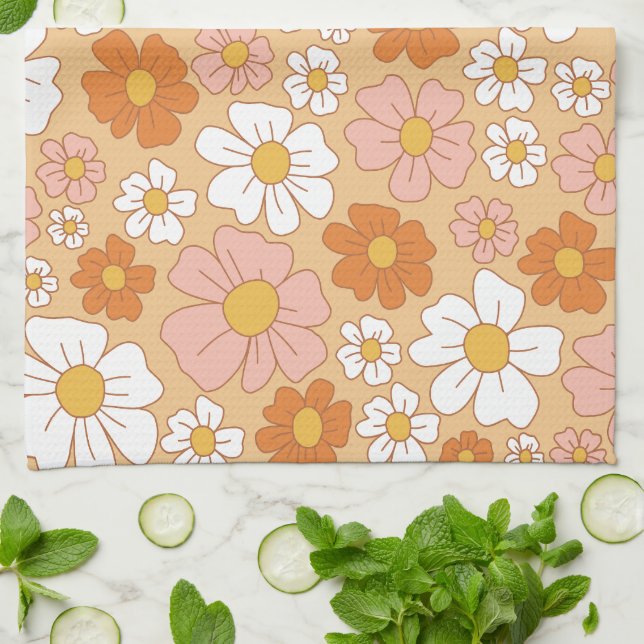 Orange and White Floral Kitchen Towel (Folded)