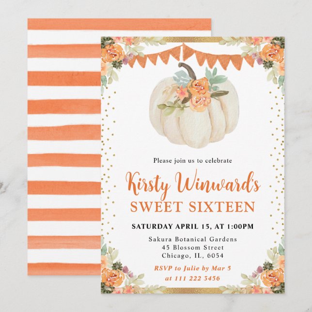 Orange and White Floral Pumpkin Fall Sweet 16 Invitation (Front/Back)
