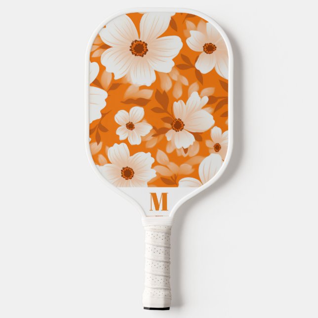 Orange and White Flower Modern Monogram Pickleball Paddle (Back)