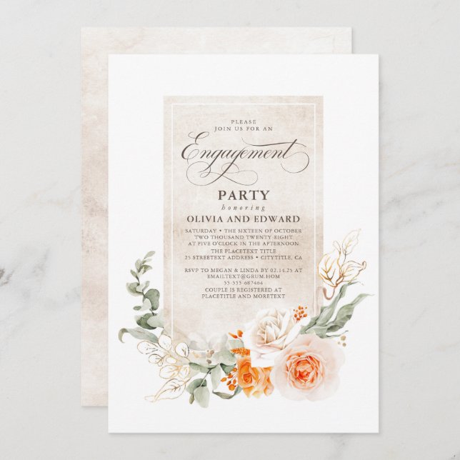 Orange and White Flowers Elegant Engagement Party Invitation (Front/Back)