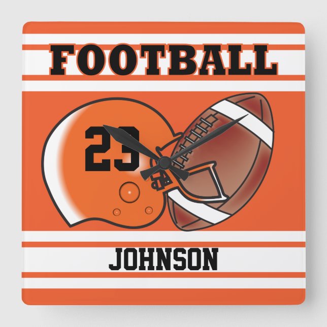 Orange and White Football Sport | Personalise Square Wall Clock (Front)