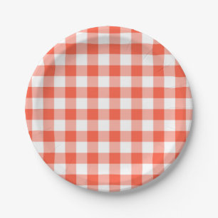 Orange And White Gingham Check Pattern Paper Plate