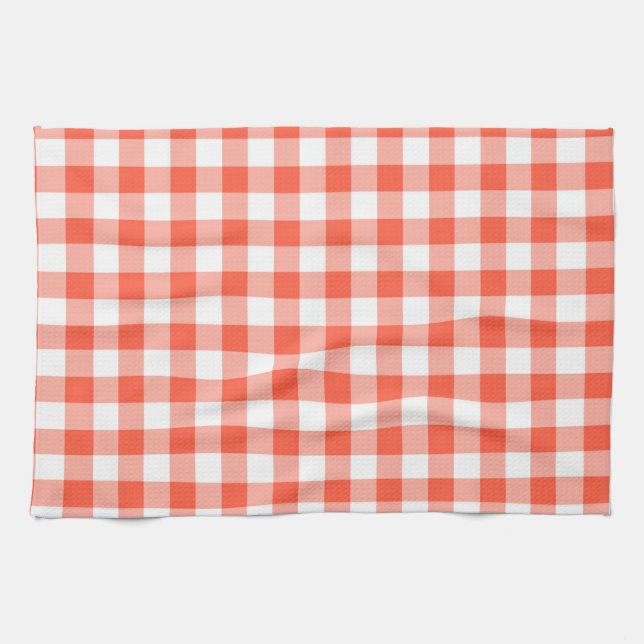 Orange And White Gingham Check Pattern Tea Towel (Horizontal)