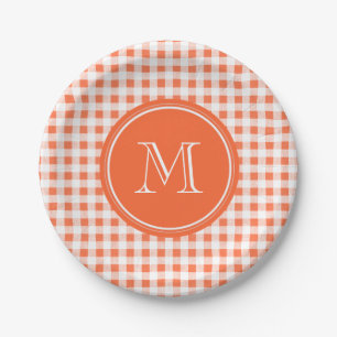 orange and White Gingham, Your Monogram Paper Plate
