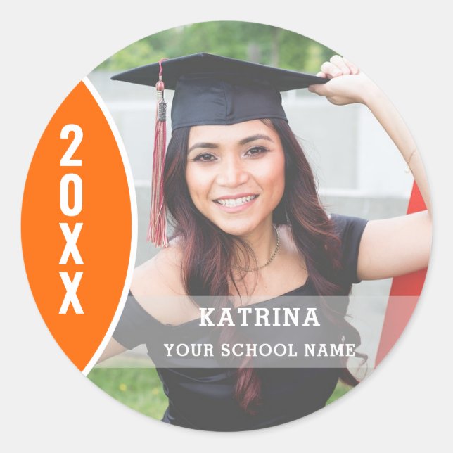 Orange and White Graduation Photo Custom Classic Round Sticker (Front)