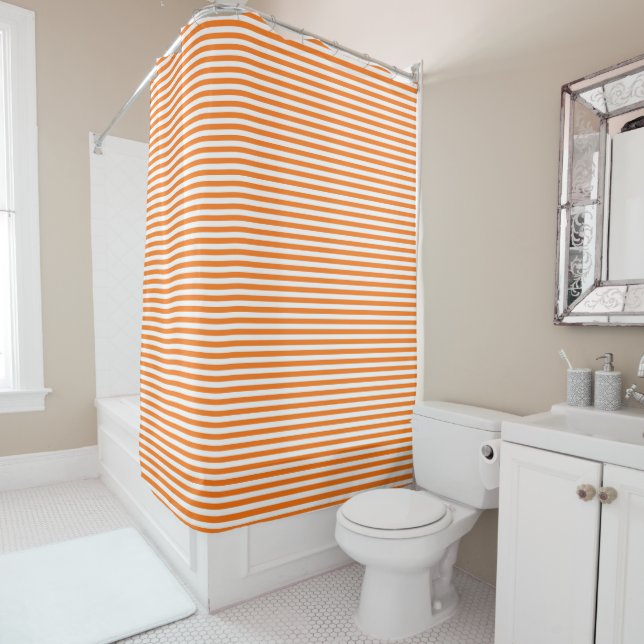 Orange and White Horizontal Striped Shower Curtain (In Situ)