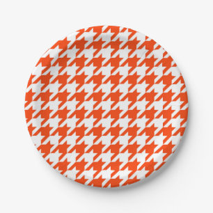 Orange and White Houndstooth Check Paper Plate