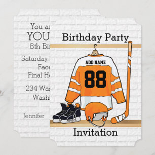 Orange and White Ice Hockey Jersey Birthday Party Invitation