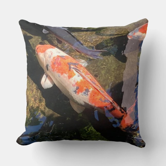 Orange and White Koi Fish Swimming Photo Cushion (Front)
