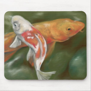Orange and White Koi with Mossy Stones Pastel Art Mouse Mat