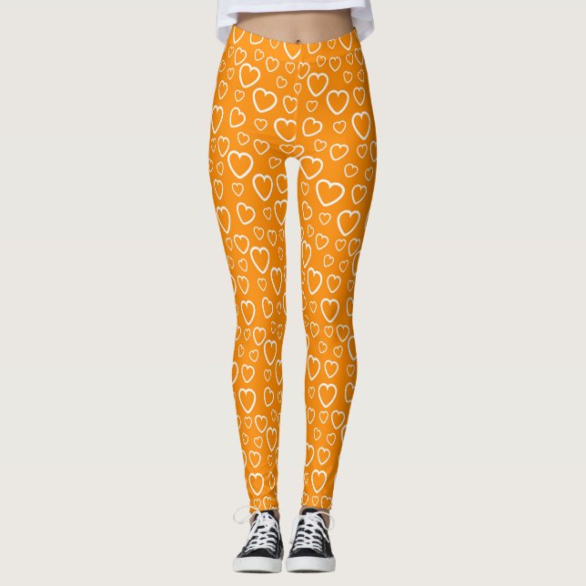 Orange and White Love Hearts Pattern Leggings (Front)