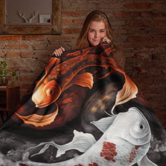 Orange And White Lucky Koi Fish Japan Art Fleece Blanket (Creator Uploaded)