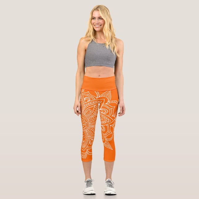 Orange and White Mandala Yoga Capri  (Front)