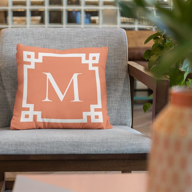 Orange and White Monogram Greek Key Border Cushion (Create your own monogrammed Greek Key border square throw pillow.)