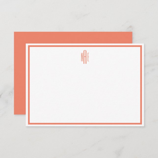 Orange and White Monogrammed Flat Note Card (Front/Back)