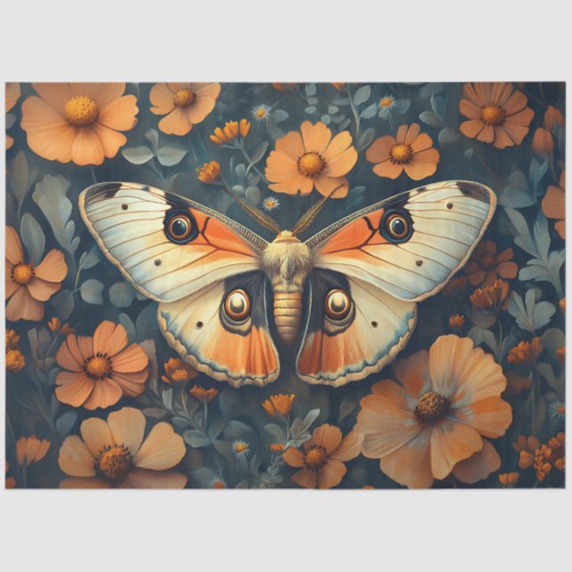 Orange and White Moth Floral Decoupage Tissue Paper (Front)