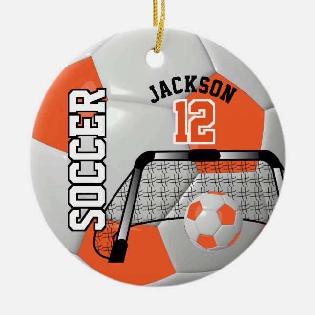 ⚽ Orange and White Personalise Soccer Ball Ceramic Tree Decoration (Front)