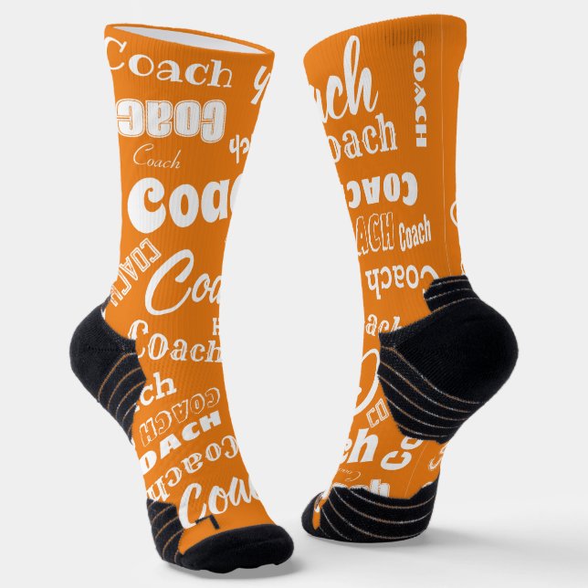 Orange and White Personalised Coach Gift Name Art Socks (Angled)