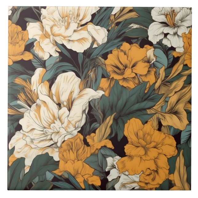 Orange and white pretty floral tile (Front)