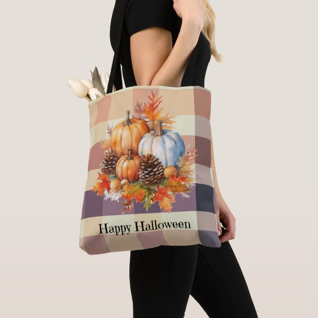 Orange and White Pumpkins Brown Plaid Halloween Tote Bag (Close Up)
