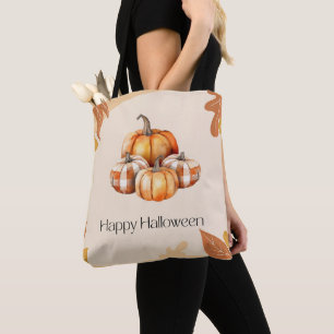 Orange and White Pumpkins Plaid Brown Halloween Tote Bag