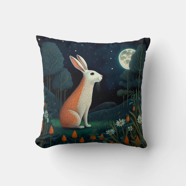 Orange and White Rabbit in the Moonlight Cushion (Front)